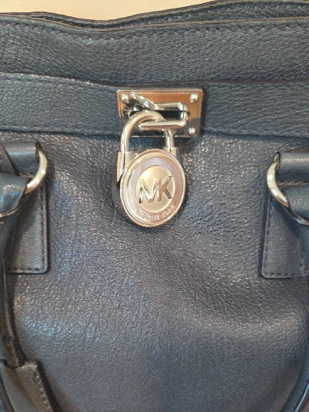 Michael Kors Hamilton Large Navy Leather Satchel Shoulder Bag MK Lock